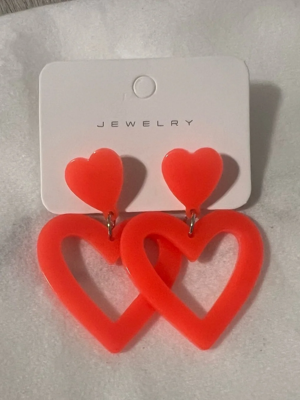 5/$25 Neon Coral Acrylic Double Heart Drop Earrings – Brand New